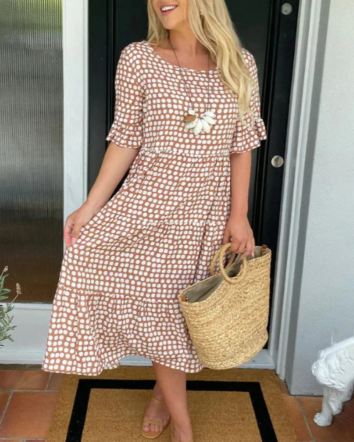 Round Neck Polka Dot Ruffle Sleeve Tiered A-Line Midi Dress
