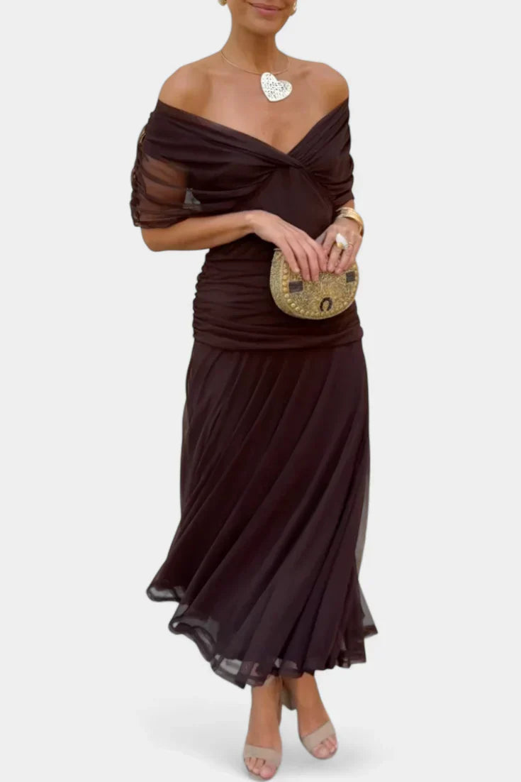 Off-Shoulder Twist Front Floral Chiffon Draped Maxi Dress