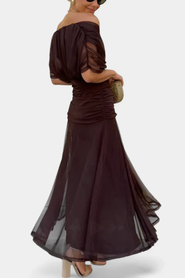 Off-Shoulder Twist Front Floral Chiffon Draped Maxi Dress