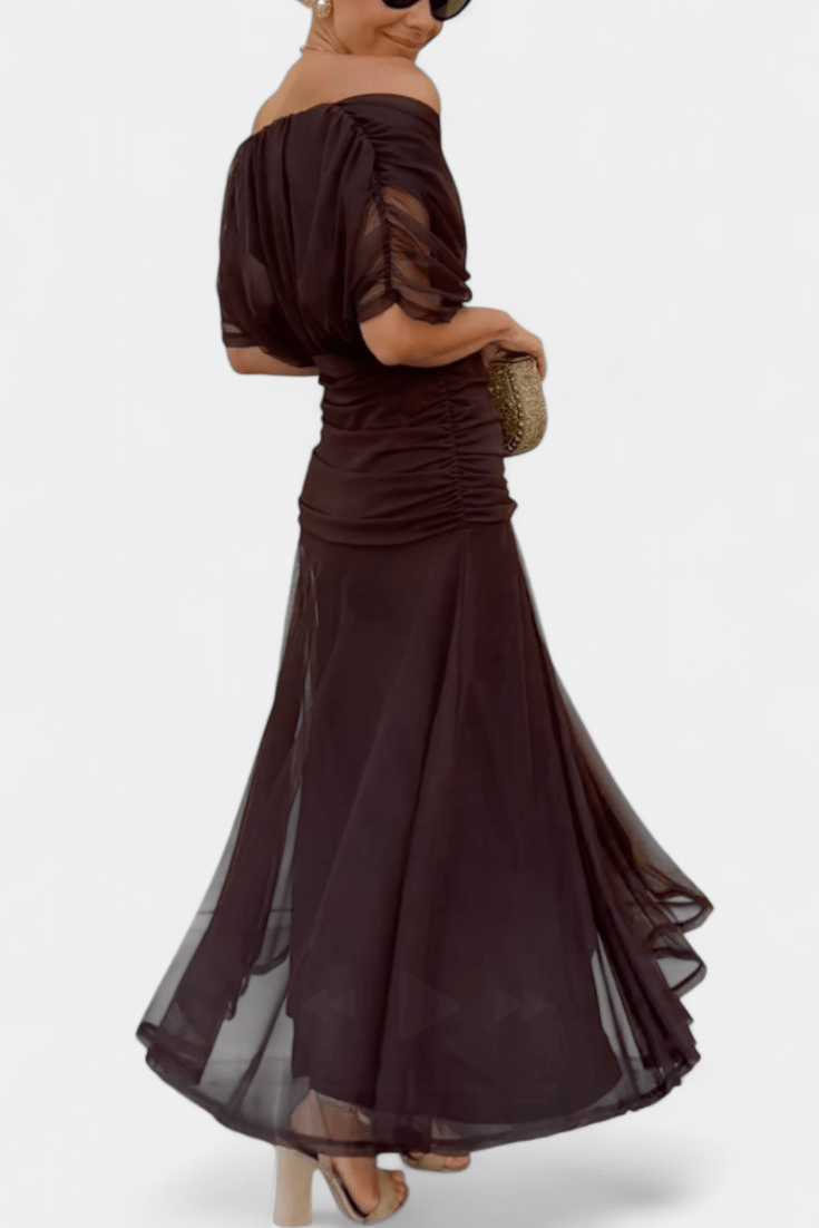 V-Neck Draped Ruched Short Sleeve Bodycon Maxi Dress