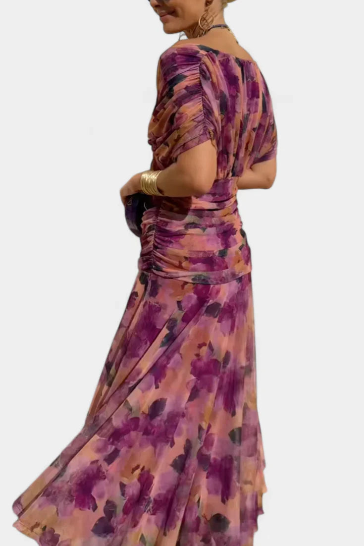 Off-Shoulder Twist Front Floral Chiffon Draped Maxi Dress