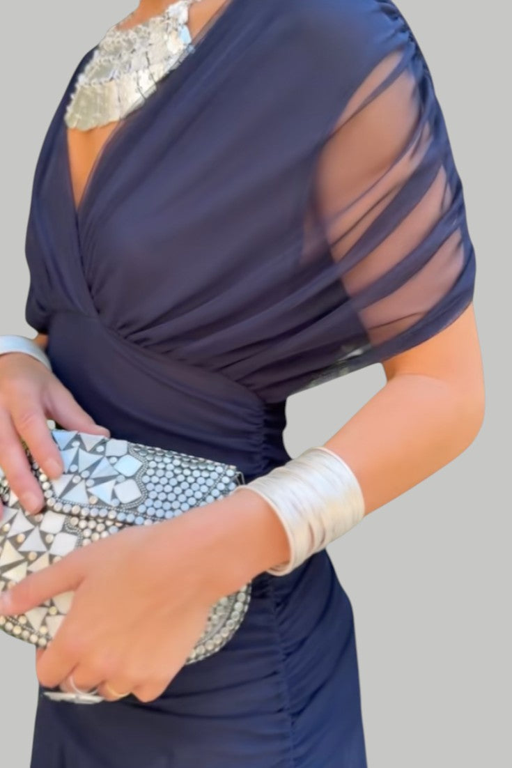 V-Neck Twist Front Draped Sheer Sleeve Ruched Bodycon Maxi Dress