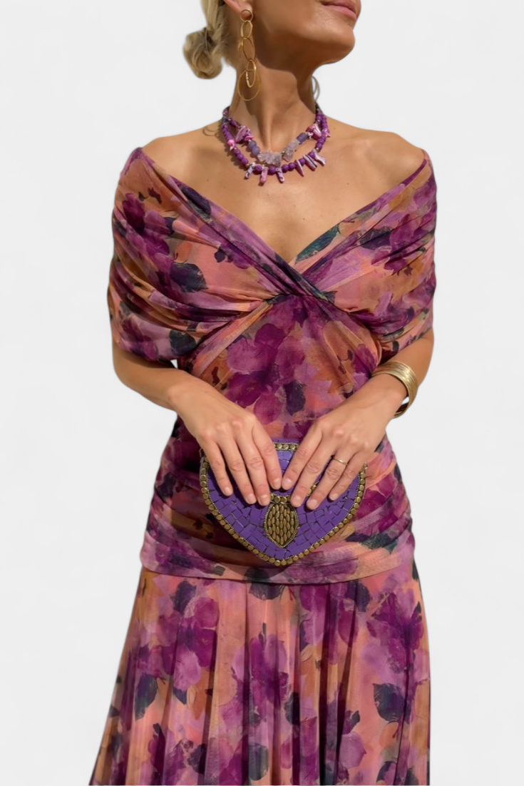 Off-Shoulder Twist Front Ruched Chiffon Flowy Maxi Dress