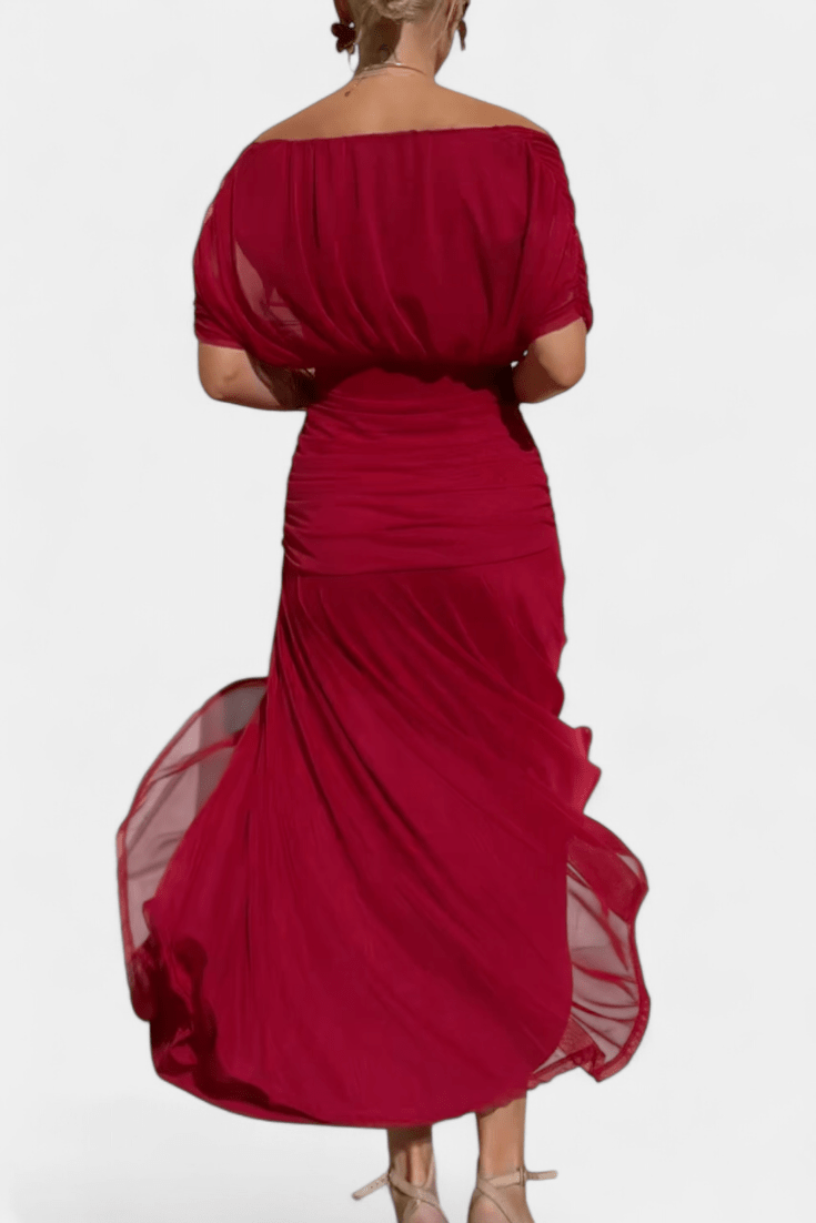 V-Neck Draped Ruched Short Sleeve Bodycon Maxi Dress