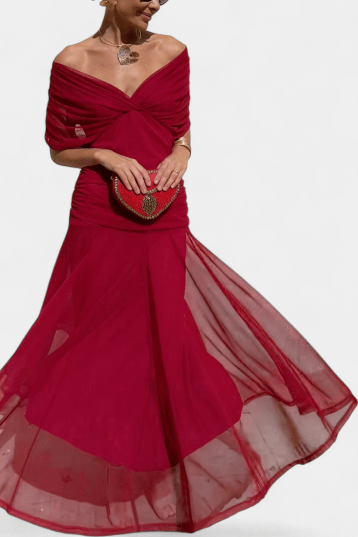 V-Neck Draped Ruched Short Sleeve Bodycon Maxi Dress