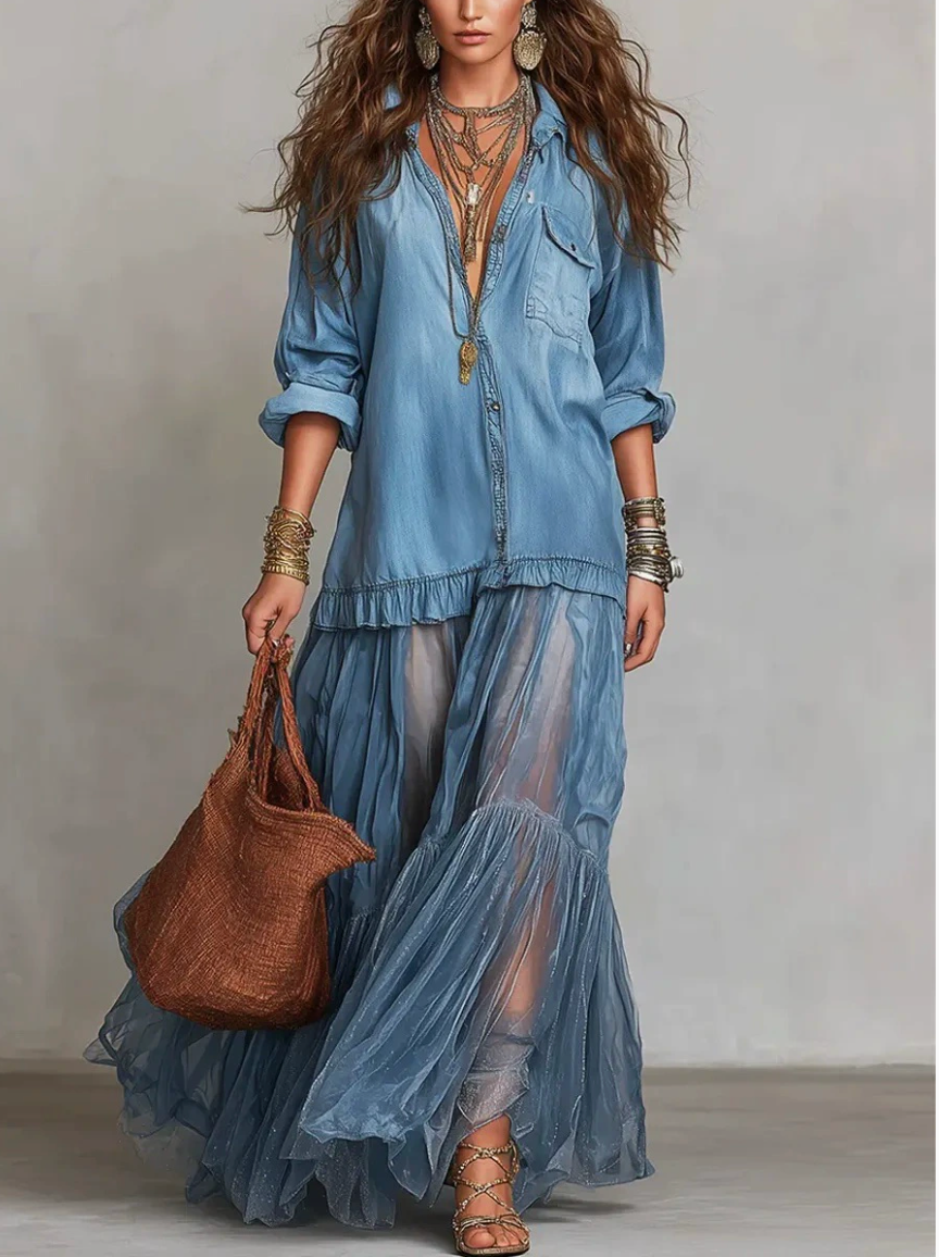 Chambray Shirt Sheer Tiered Ruffle Maxi Skirt Set