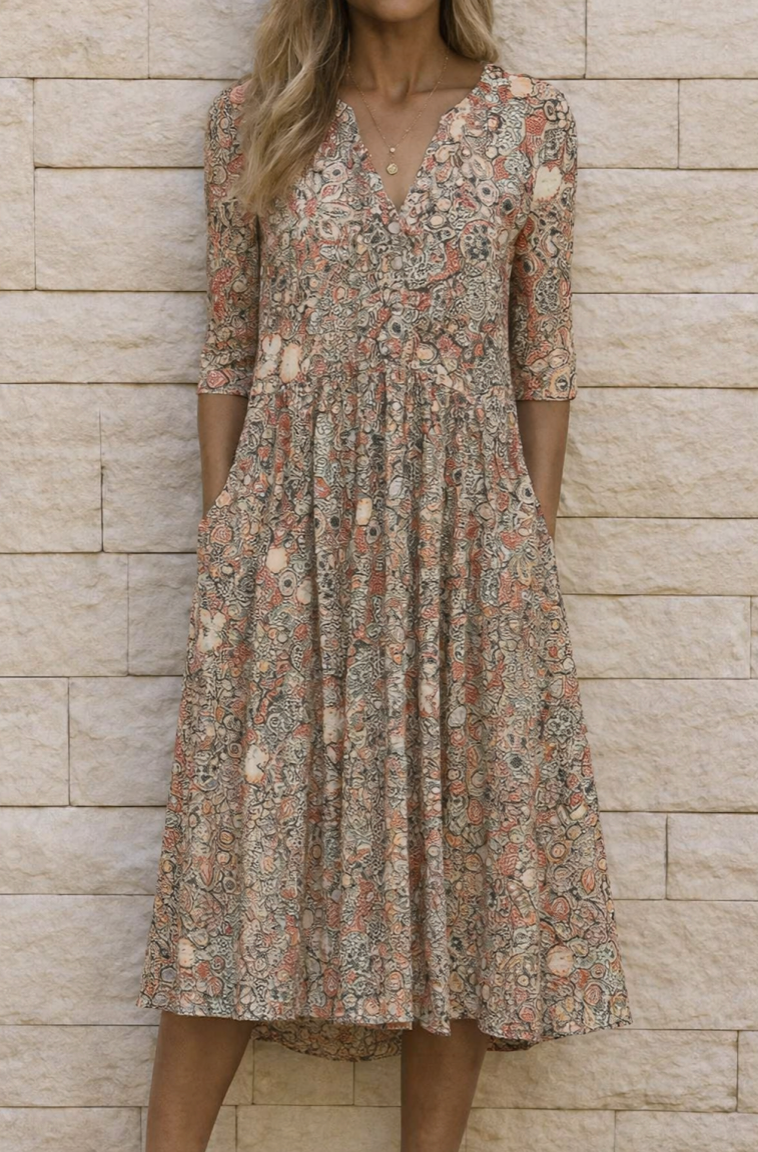 Notch V-Neck Three-Quarter Sleeve Ditsy Floral A-Line Midi Dress