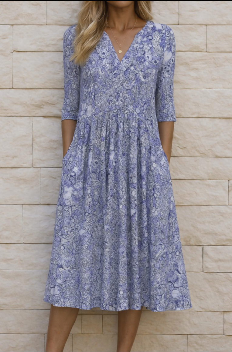 Notch V-Neck Three-Quarter Sleeve Ditsy Floral A-Line Midi Dress 2