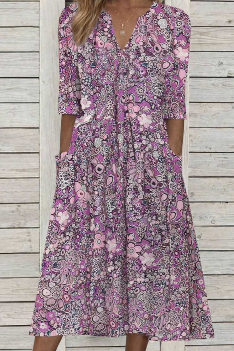Notch V-Neck Three-Quarter Sleeve Ditsy Floral A-Line Midi Dress 3