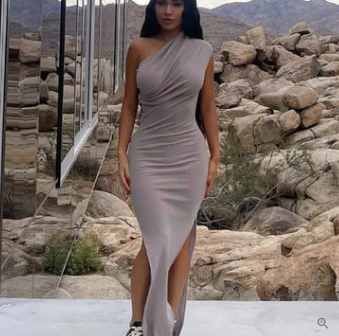 Elvia Effortless Cocktail Dress with Side Slit and One Shoulder Straps Designer Edit