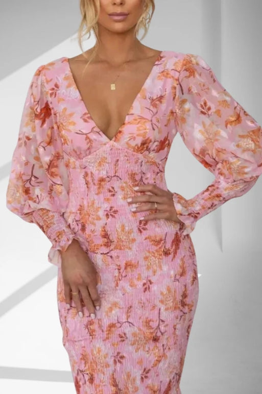 Claudia Minimalist Floral Print Midi Dress Elevated Occasion Wear