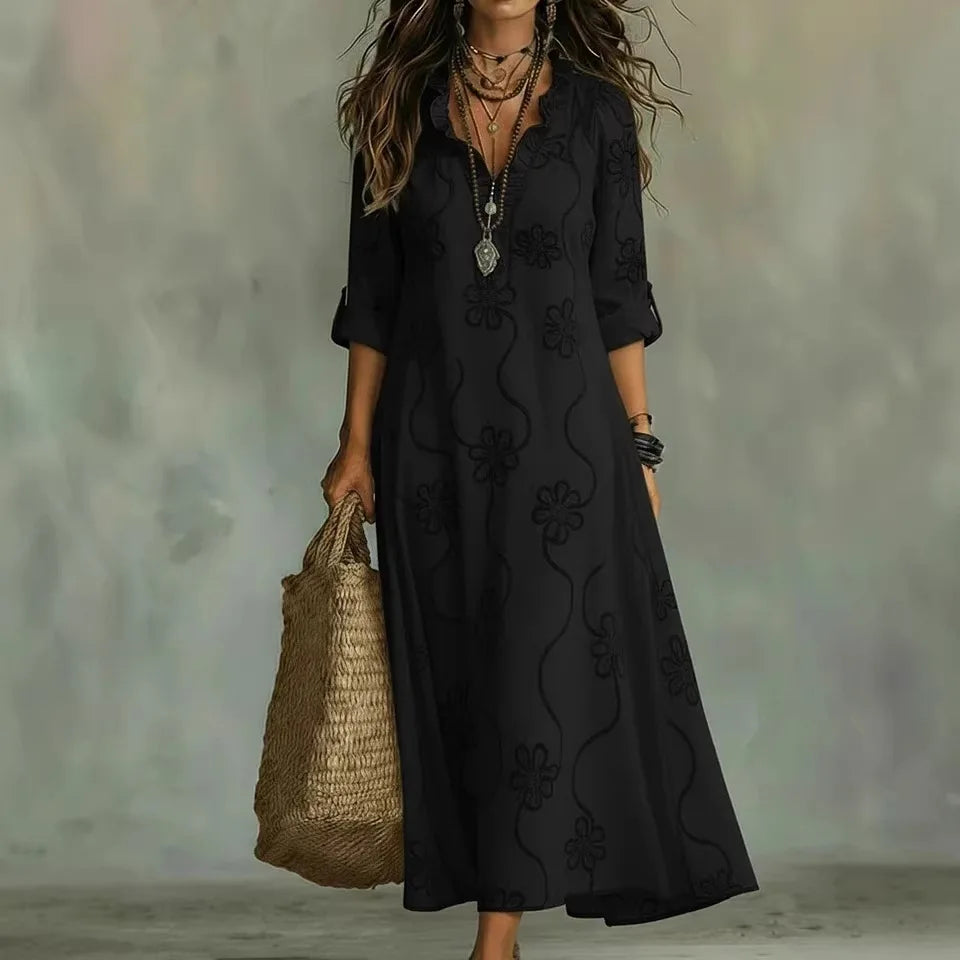 Split Neck Floral Textured Roll Tab Sleeve Shift Maxi Dress