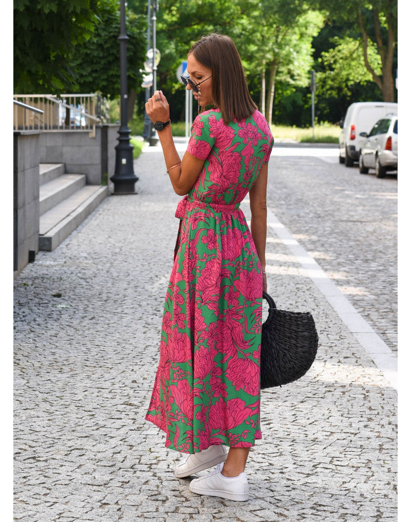 V-Neck Floral Wrap Short Sleeve High Slit Midi Dress 4