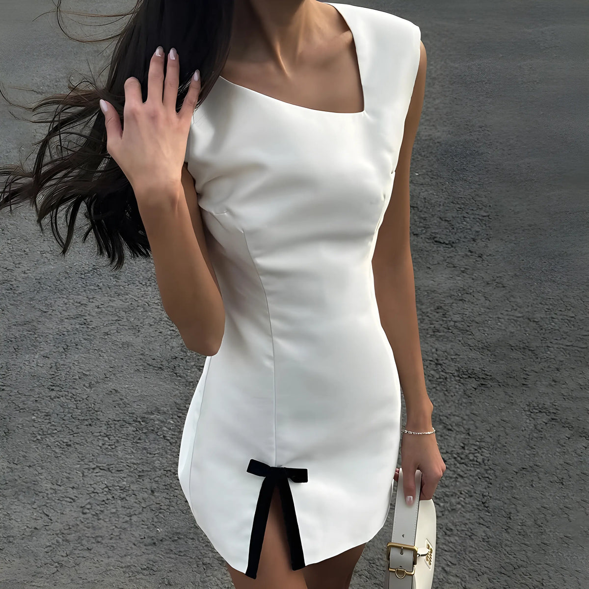 White Square Neck Satin Bow Front Slit Bodycon Mini Dress