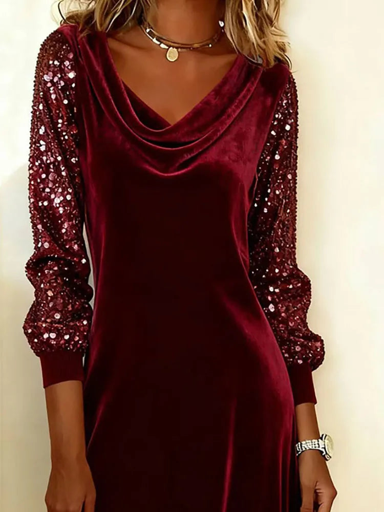 Cowl Neck Velvet Sequin Long Sleeve A-Line Midi Dress
