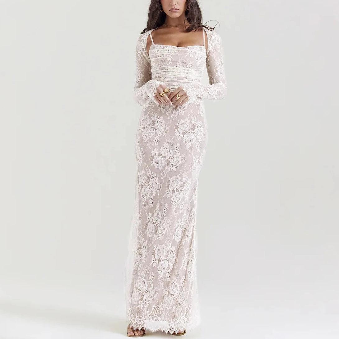 White Spaghetti Strap Lace Off-Shoulder Long Sleeve Ruched Bodycon Maxi Dress 13