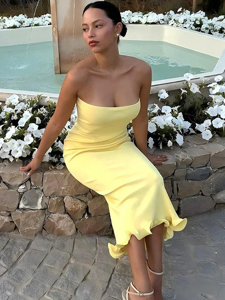Frill Trim Tube Midi Dress