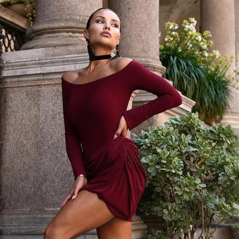 Pleated Off - Shoulder Long Sleeve Mini Dress