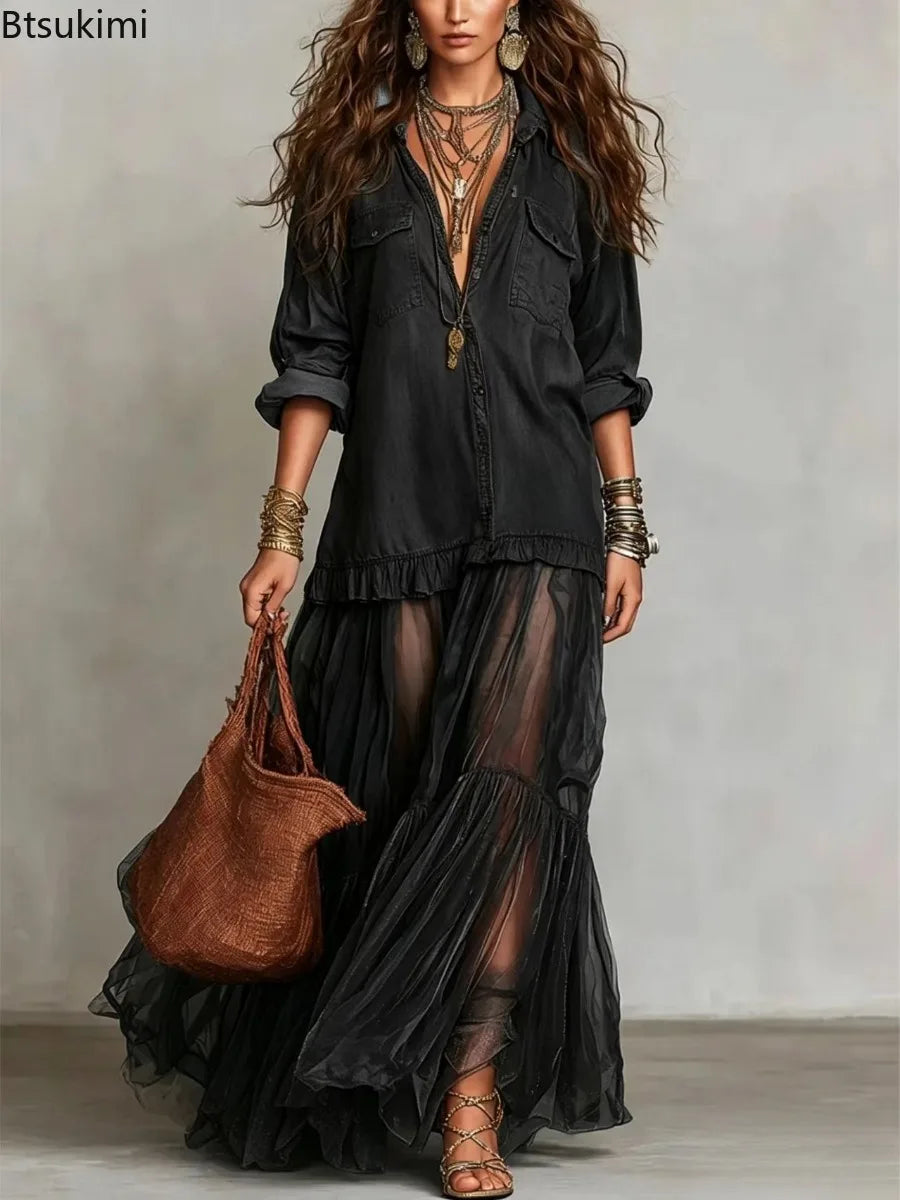 Collared Button Front Long Sleeve Denim Tulle Ruffle Maxi Dress 4