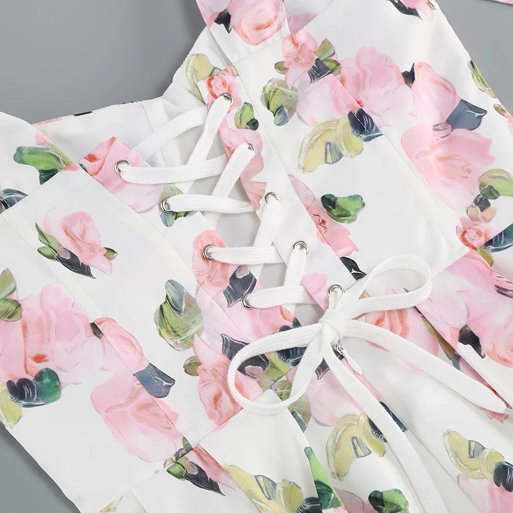 Floral back lace - up suspender dress