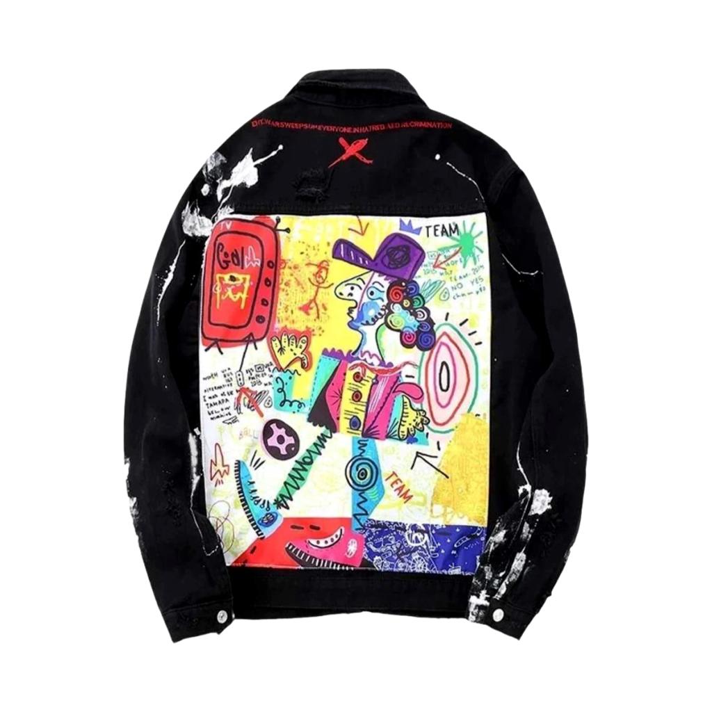 Black Graffiti Print Distressed Paint Splatter Denim Jacket 9