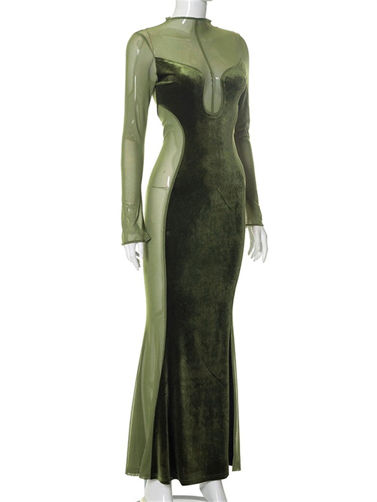 O Elegant Arm Dresses Fashion Full-Length Through Fall Party Gown Club Neck for Outfits Sexy - Long Mesh Patchwork See Women