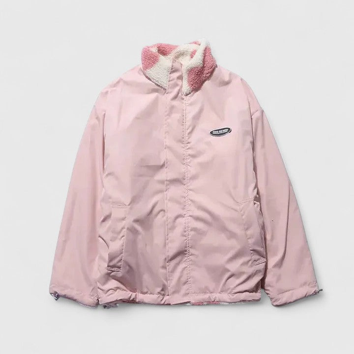 Stand Collar Heart Print Zip-Front Fleece Jacket