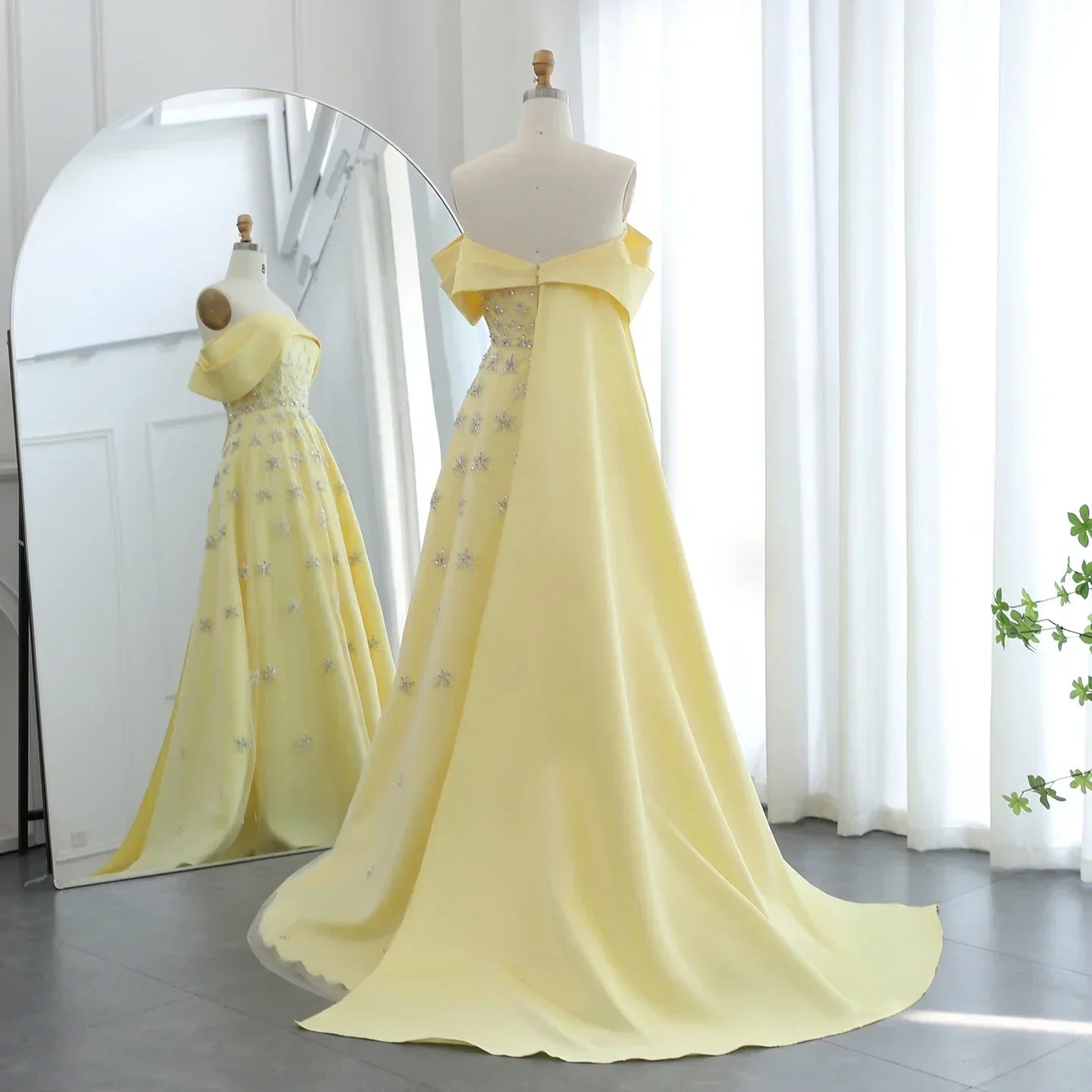 Yellow Satin Evening Gown with Cape