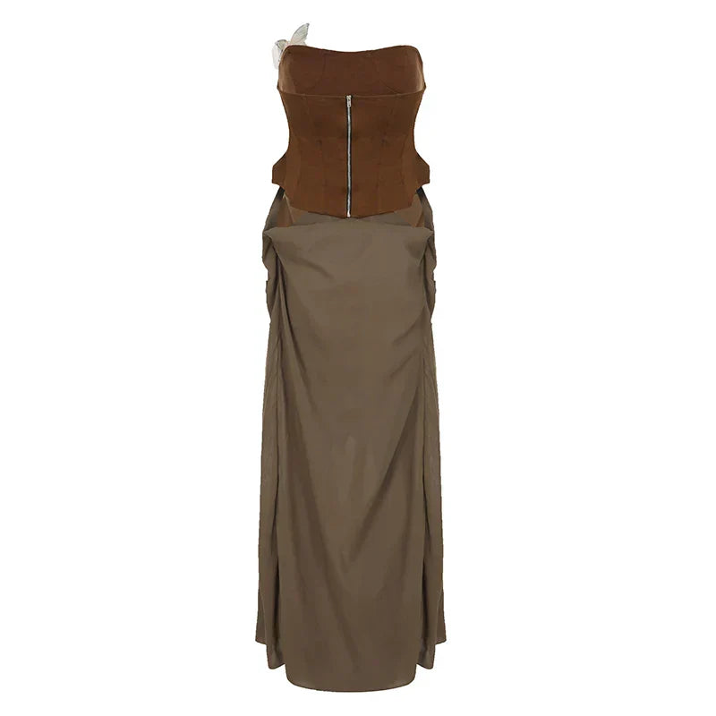 Sexy Women Butterfly Detail Strapless Long Dress Aesthetic Chic Detachable Corset Top Vintage Elegant Maxi Dresses