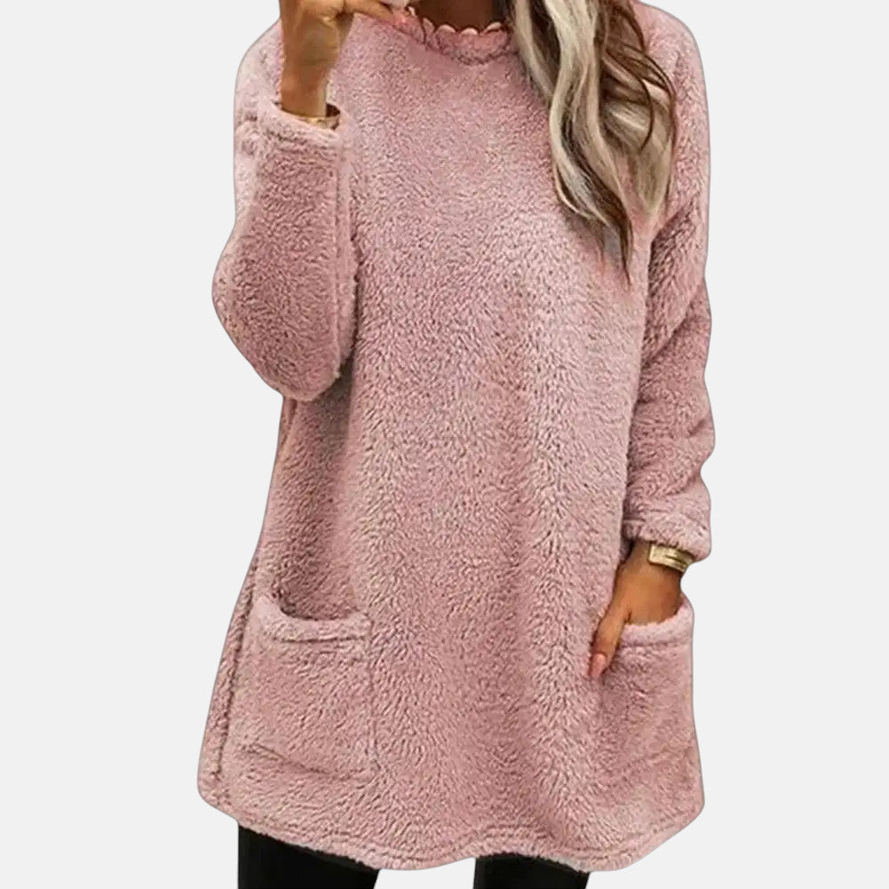 Round Neck Fuzzy Fleece Long Sleeve Pocket Tunic Sweater