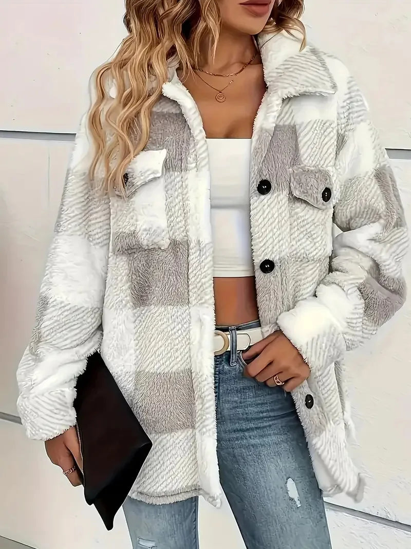 Collared Button Front Plaid Fleece Pocket Shacket Jacket