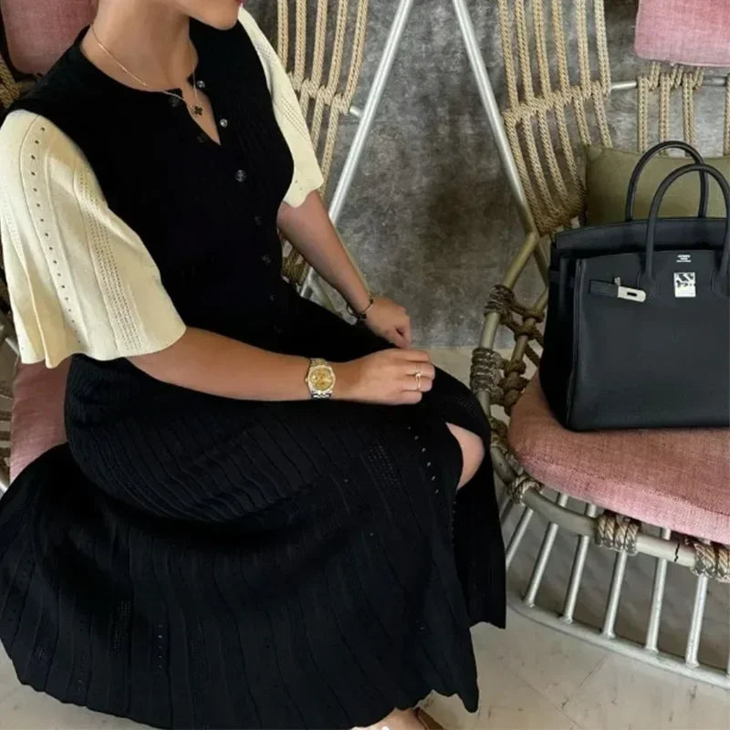 Patchwork Knitted Hollow ONeck Ribbed Work Dress