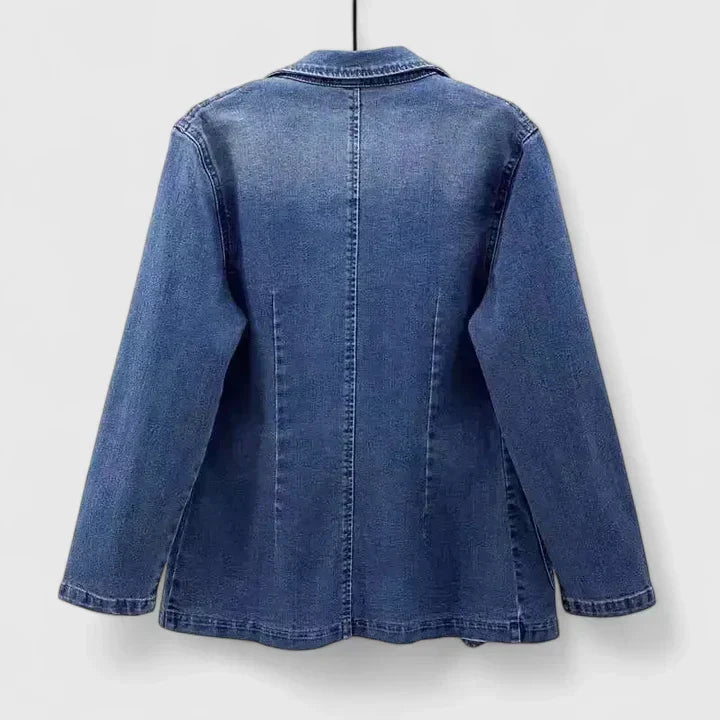 Denim Blue Notch Lapel Denim Single Button Patch Pocket Blazer