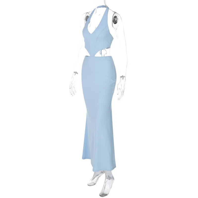 Halter Backless Blue Lace - up Maxi Dress