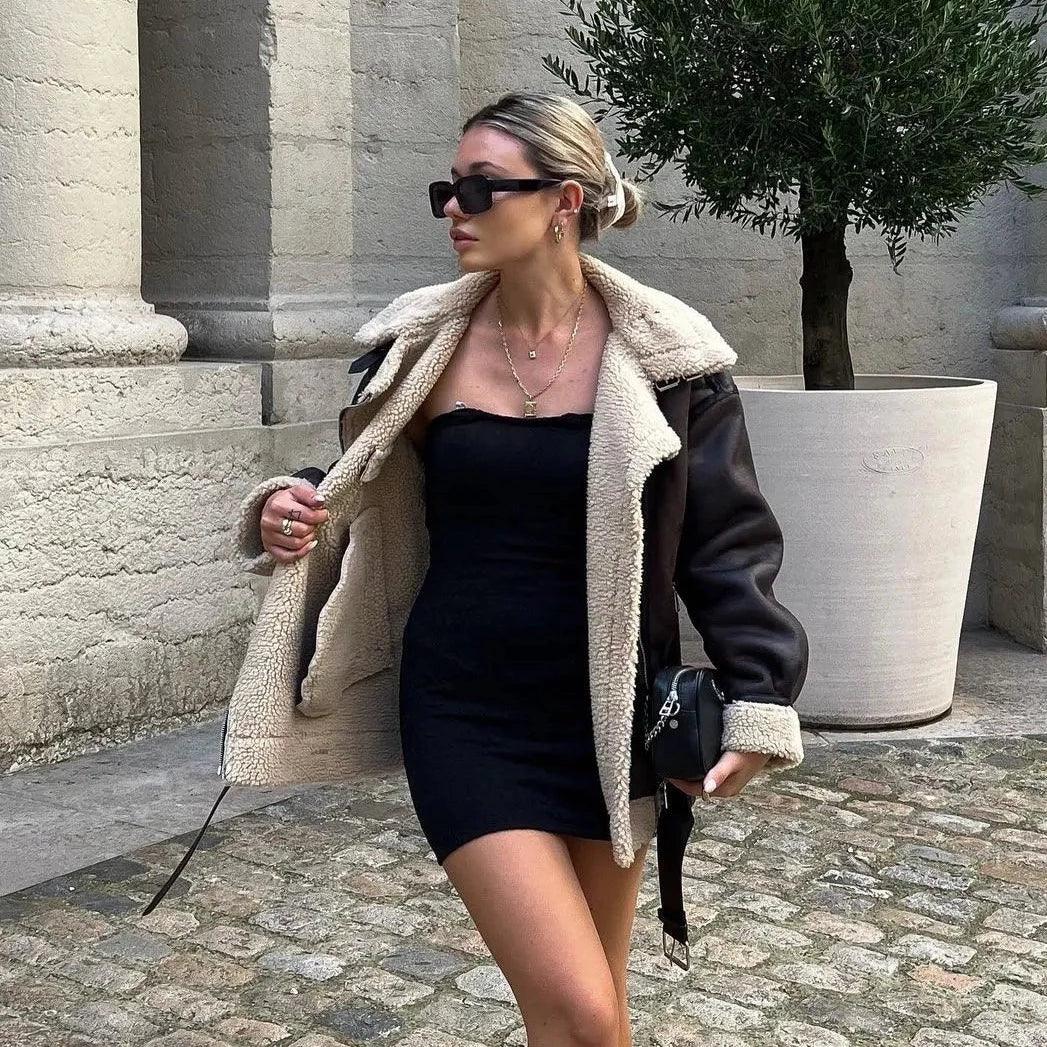 Brown Faux Shearling Lapel Leather Aviator Jacket