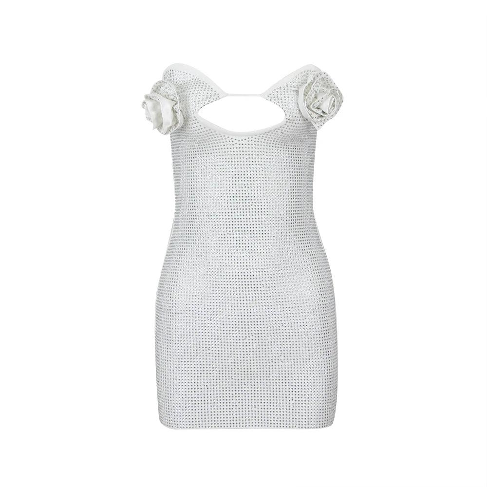 Silver Strapless Sweetheart Rhinestone Floral Applique Cutout Bodycon Mini Dress 7