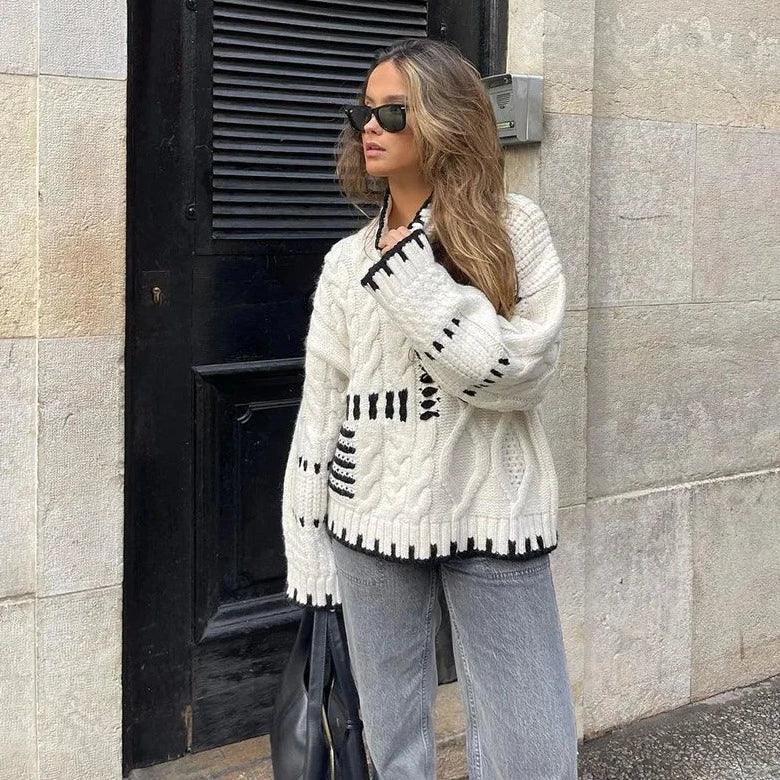Beige Turtleneck Cable Knit Contrast Stitch Chunky Sweater