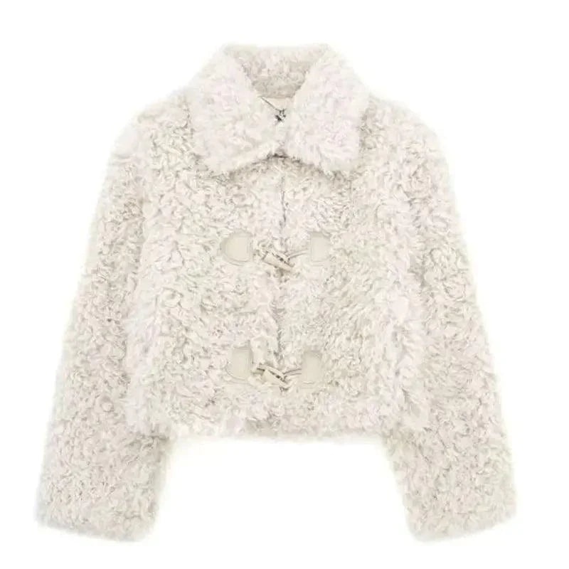 Beige Lapel Collar Fuzzy Faux Fur Plush Cropped Jacket 5