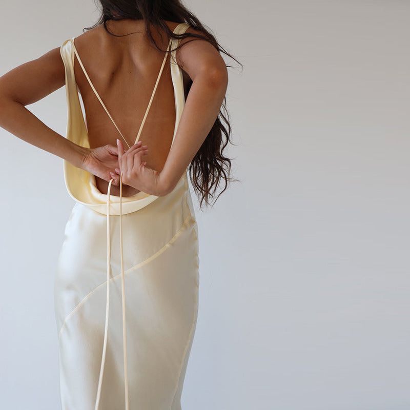 Beige Cowl Neck Plunging Back Satin Slip Maxi Dress