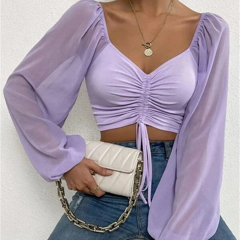 VNeck Drawstring Bandage Sheer Top
