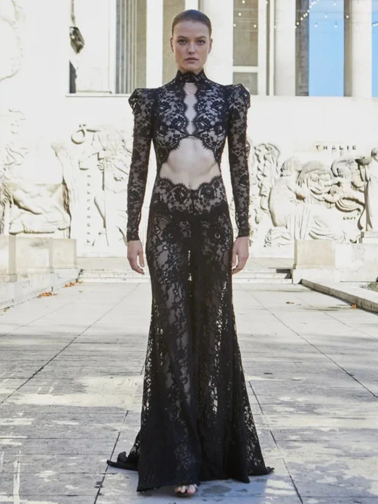 Hollow Out O-Neck Cut-Out Split Lace Dress