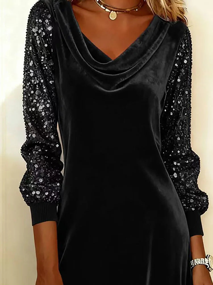 Cowl Neck Velvet Sequin Long Sleeve A-Line Midi Dress