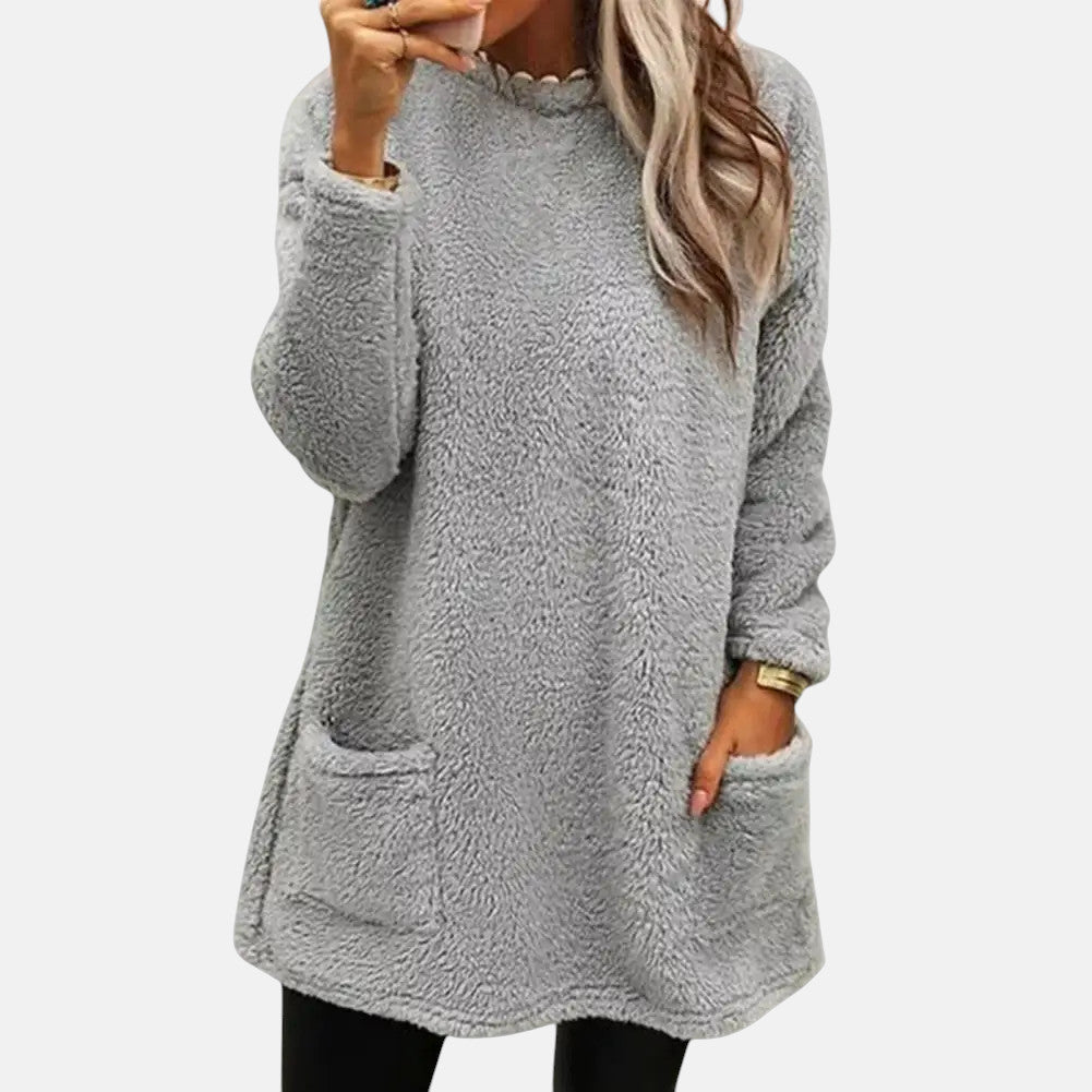 Round Neck Fuzzy Fleece Long Sleeve Pocket Tunic Sweater