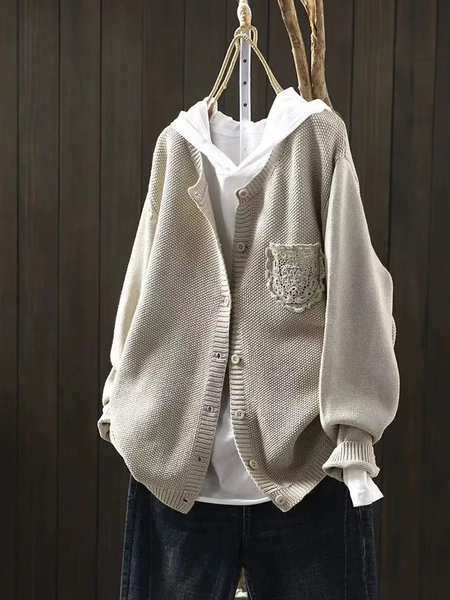 V-Neck Knit Button Front Patch Pocket Long Sleeve Cardigan 2
