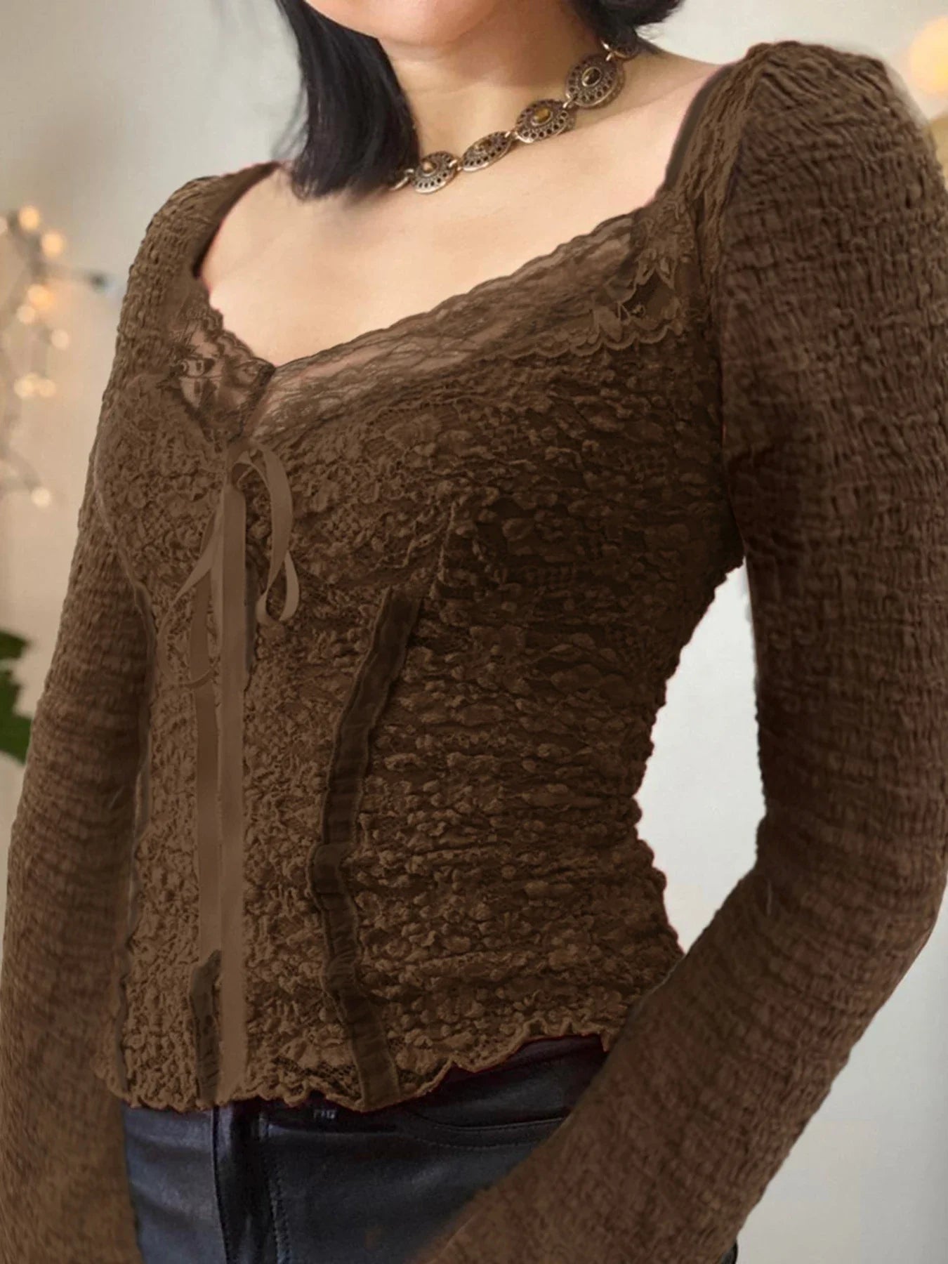 Lace Trim VNeck Slim Brown Long Sleeve Crop Top