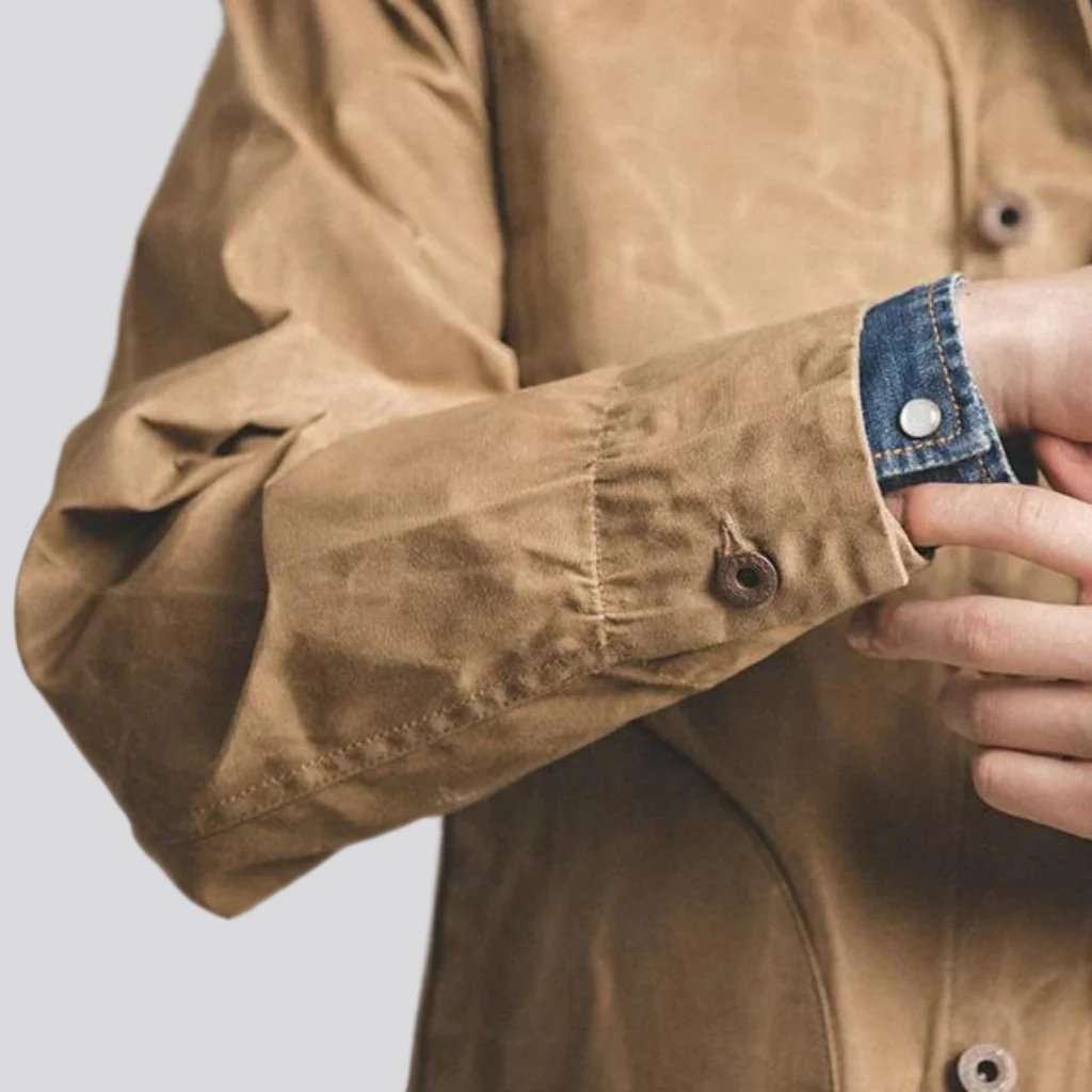 Sand Spread Collar Button Front Waxed Canvas Trucker Jacket 4