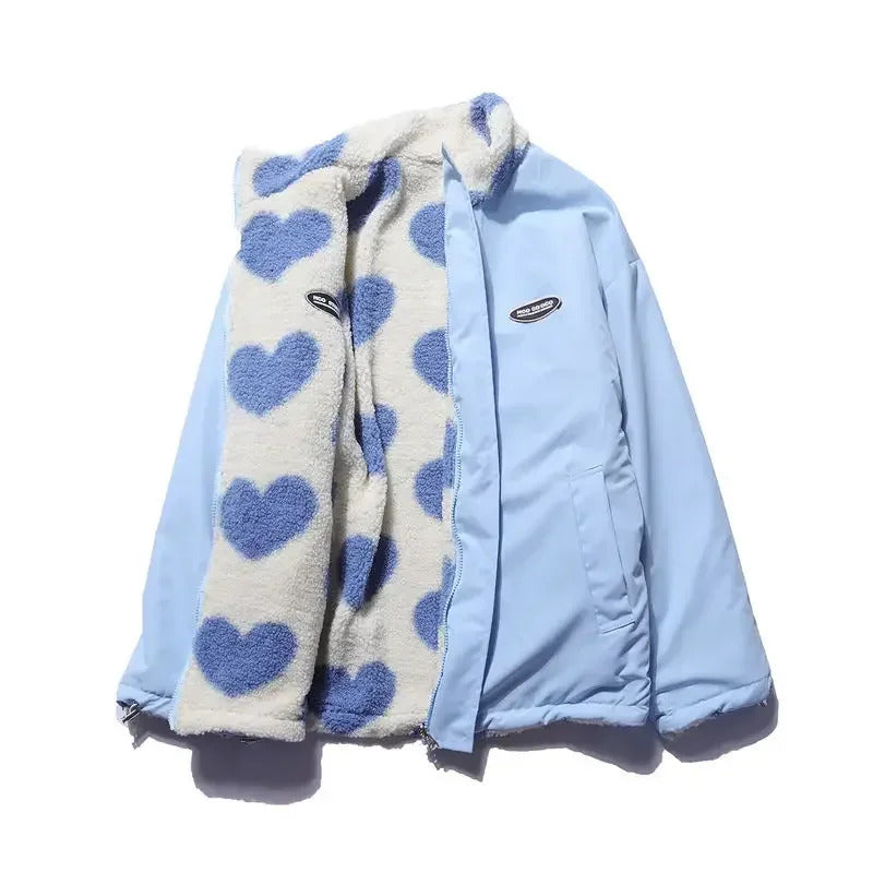 Stand Collar Heart Print Sherpa Fleece Zip Front Jacket