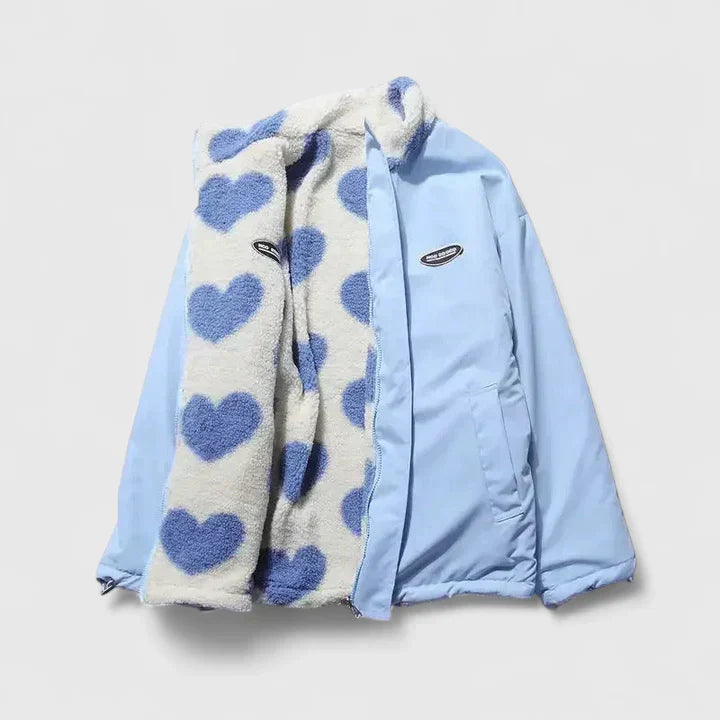 Heart Print Stand Collar Zip-Front Cozy Fleece Jacket
