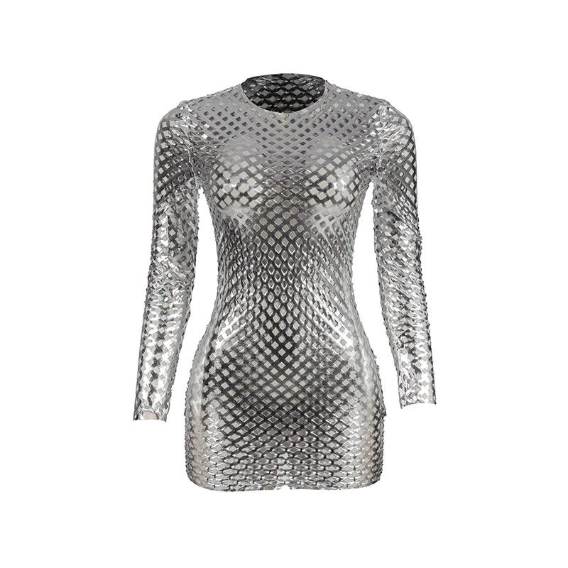 Silver Crew Neck Long Sleeve Metallic Hollow Out Bodycon Mini Dress 7