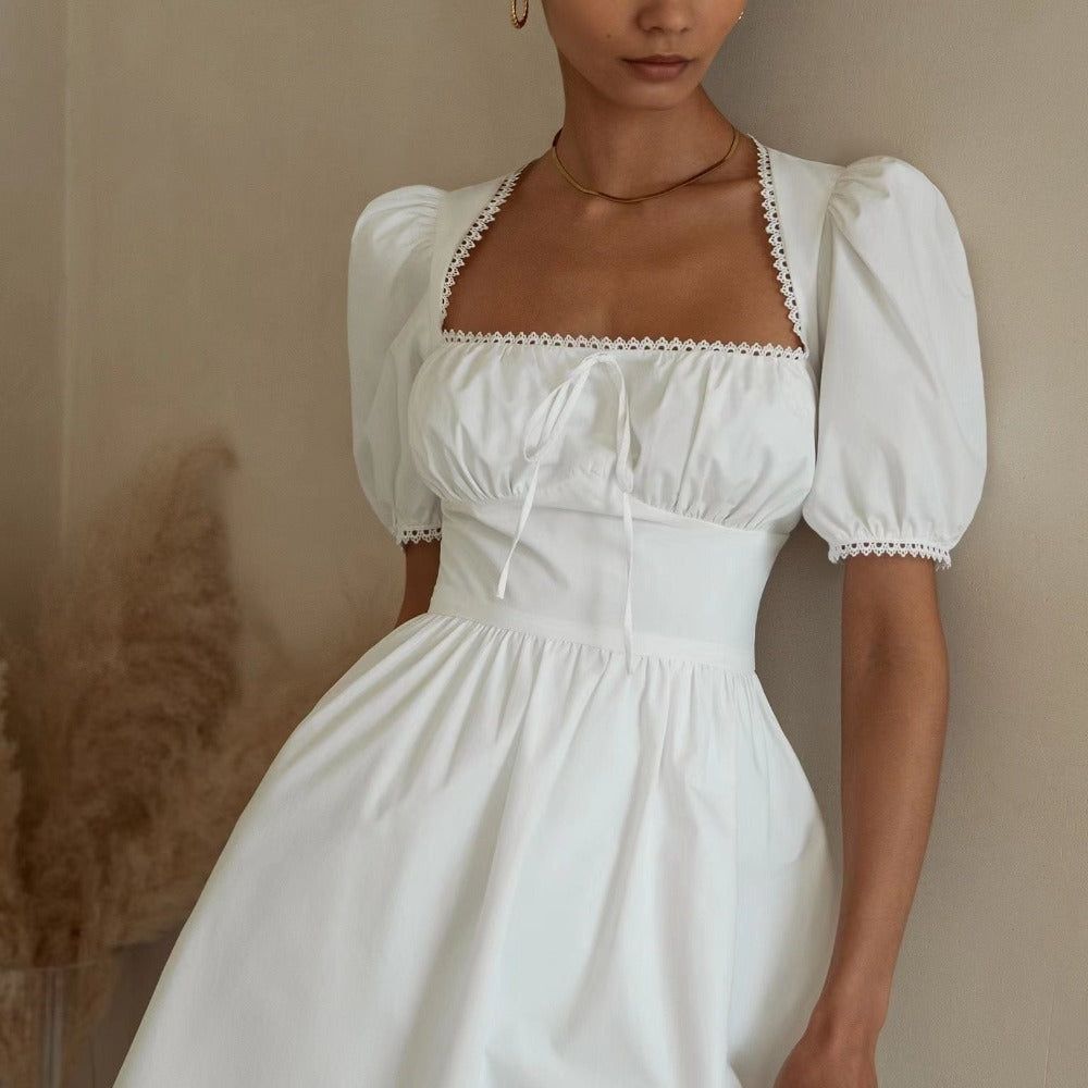 White Square Neck Puff Sleeve Tie Front Fit and Flare Mini Dress